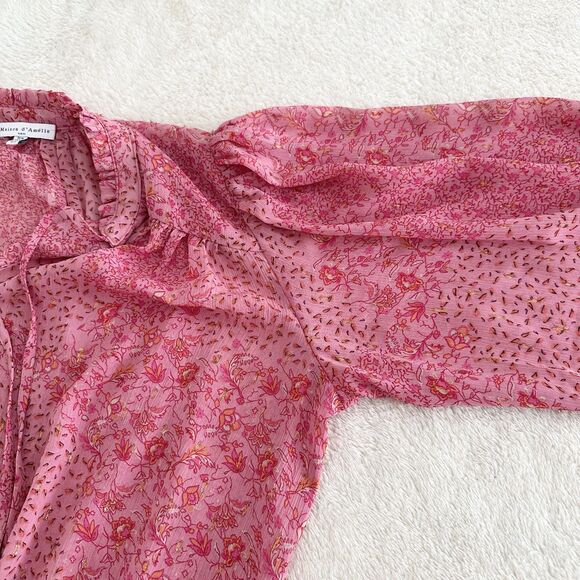 Maison d'Amelie Blouse Size M Pink Floral Boho Smocked Long Sleeve Peasant - Picture 5 of 11